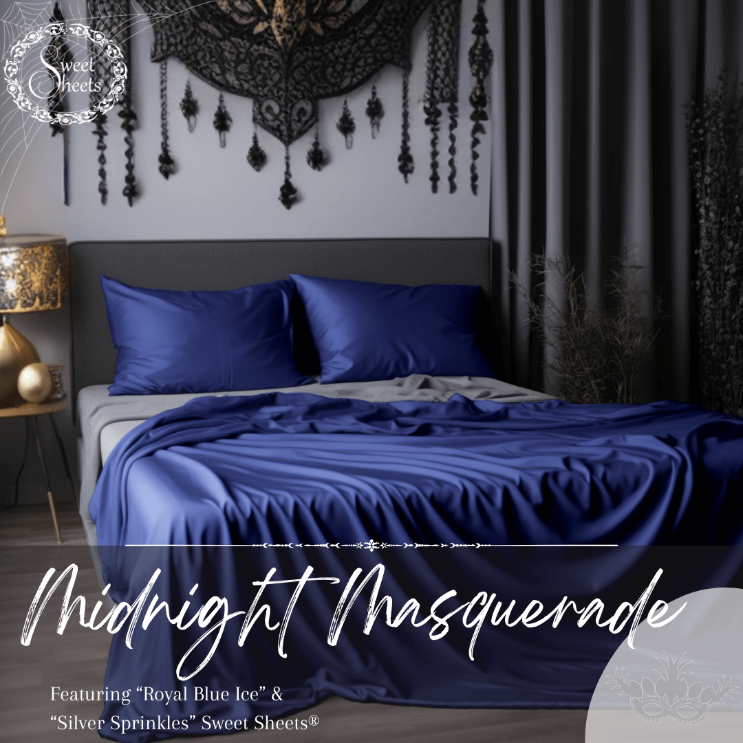Midnight Masquerade Halloween Bedroom Decor with royal blue and light grey yellow bed sheets